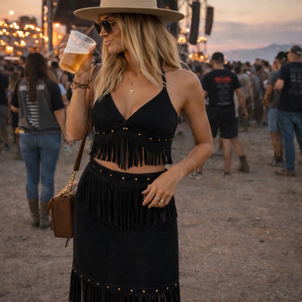 Vegan Suede Fringe Halter Crop Top Studded Boho Western black